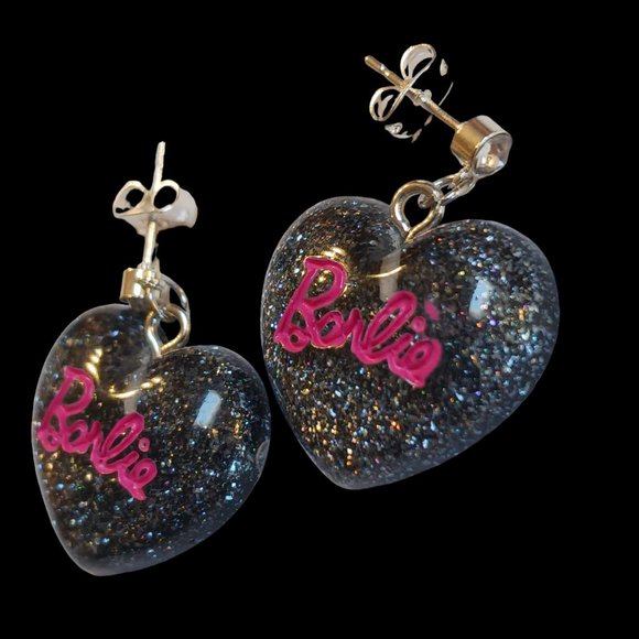 Barbie Black glitter Puffy Heart Earrings - Picture 3 of 4